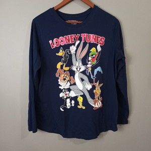 Looney Tunes Womens 2XL Navy Blue Graphic Long Sleeve Tee Cotton Blend